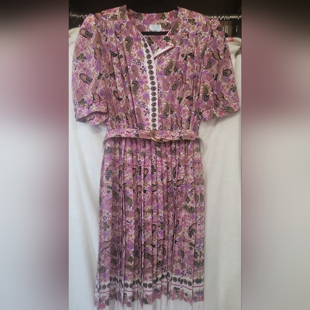 Vintage Loraz Original Pleated  Floral Dress Size L (16) Belt + Shoulder Pads